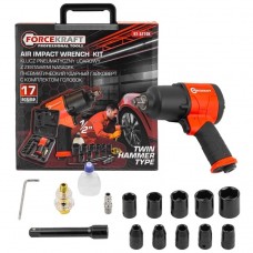 Пневмогайковерт ударный''Twin Hammer''срегулировкой1/2''+набор головок(9-11,13,14,17,19,22,24,27мм,720Hм,7500об/мин,6.3bar,236л/мин+лубр.-р+ штуцер)