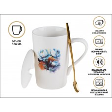 Кружка керамическая с крышкой и ложкой, 350 мл., PEONY, PERFECTO LINEA