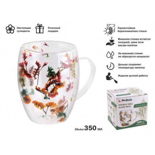 Кружка стеклянная с двойными стенками, 350 мл, серия Flower, PERFECTO LINEA Кружка стеклянная с двойными стенками, 350 мл, серия Flower, PERFECTO LINEA