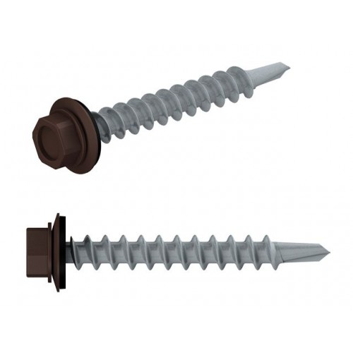 Саморез кровельный 4.8х19 мм цинк, шайба с прокл., PT3, RAL 8017 (250 шт в карт. уп.) (по металлу, цвет шоколадно-коричневый) Саморез кровельный 4.8х19 мм цинк, шайба с прокл., PT3, RAL 8017 (250 шт в карт. уп.) (по металлу, цвет шоколадно-коричневый)