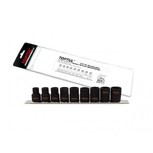 Набор головок 1/2″ 10-19мм для сорв. граней 9предм. на подвесе TOPTUL Набор головок 1/2″ 10-19мм для сорв. граней 9предм. на подвесе TOPTUL