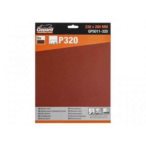 Шлифлист 230х280мм Р320 бум.осн. 5шт. GEPARD (GP5011-320) (бумага наждачная абразивная, лист шлифовальный абразивный, шлифшкурка) Шлифлист 230х280мм Р320 бум.осн. 5шт. GEPARD (GP5011-320) (бумага наждачная абразивная, лист шлифовальный абразивный, шлифшкурка)