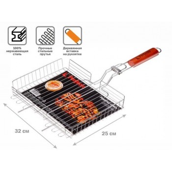 Решетка-гриль, 320x250 мм,  нержавеющая сталь, деревянная ручка, PERFECTO LINEA (Изготовлена из 100% нержавеющей стали. Гигиенична, безопасна, долговечна.)