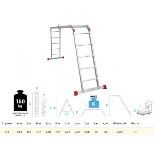 Лестница алюм. многофункц. трансформер 4х5 ступ., шир. 400 мм, 17кг NV3320 Новая высота (Без настила. Максимальная нагрузка – 150 кг) (Новая Высота) Лестница алюм. многофункц. трансформер 4х5 ступ., шир. 400 мм, 17кг NV3320 Новая высота (Без настила. Максимальная нагрузка – 150 кг) (Новая Высота)