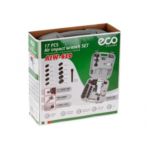Пневмогайковерт 1/2″ ECO AIW-610 с лубрикатором и головками (580 Нм, Ударный мех-м: twin hammer, 7000 об/мин, Макс.резьба: М18, 220 л/мин,) Пневмогайковерт 1/2″ ECO AIW-610 с лубрикатором и головками (580 Нм, Ударный мех-м: twin hammer, 7000 об/мин, Макс.резьба: М18, 220 л/мин,)