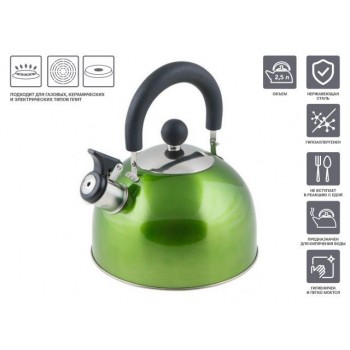 Чайник со свистком, нержавеющая сталь, 2.5 л, серия Holiday, зеленый металлик, PERFECTO LINEA (Общий объем изделия 2,5л, полезный объем 2,15л)