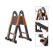 Лестница телескопическая 2-х секц. алюм. 290/580см, 2х7 ступ. 19,2кг BLACK LINE STARTUL (ST9932-058) (усиленное шарнирное соединение, ширина ступени 8см, прорезиненные колеса и доп.стабилизаторы)