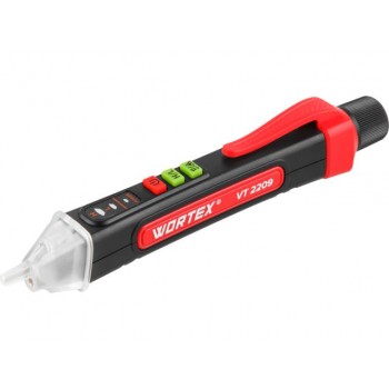 Бесконтактный индикатор напряжения WORTEX VT 2209 12-1000 В, световая и звуковая индикация (Встроенный фонарь и лазерная указка, батарейки в комплекте)