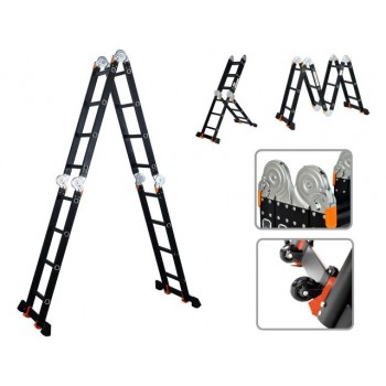 Лестница алюм. многофункц.4х4 ступ.(стрем.-229см,лестн.-465см) 13,8кг BLACK LINE STARTUL (ST9930-04) (усиленное шарнирное соединение, прорезиненные колеса и доп.стабилизаторы)